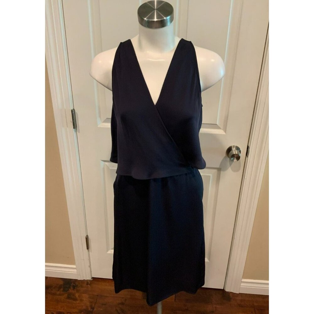 Theory Navy Blue 100% Silk V-Neck Dress, Size 2